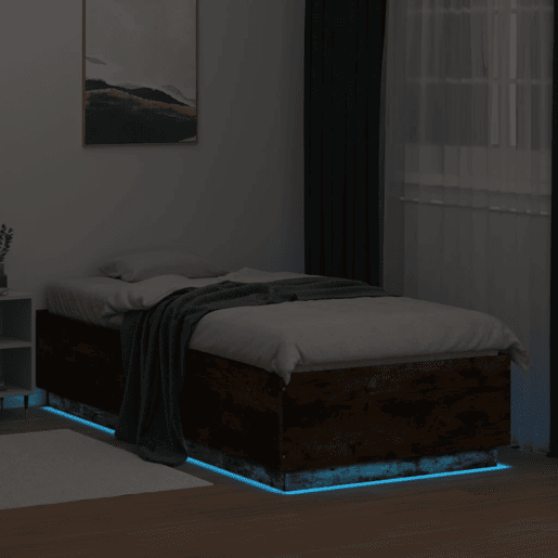 Estrutura de cama de solteiro para adultos c luzes LED derivados madeira carvalho fumado
