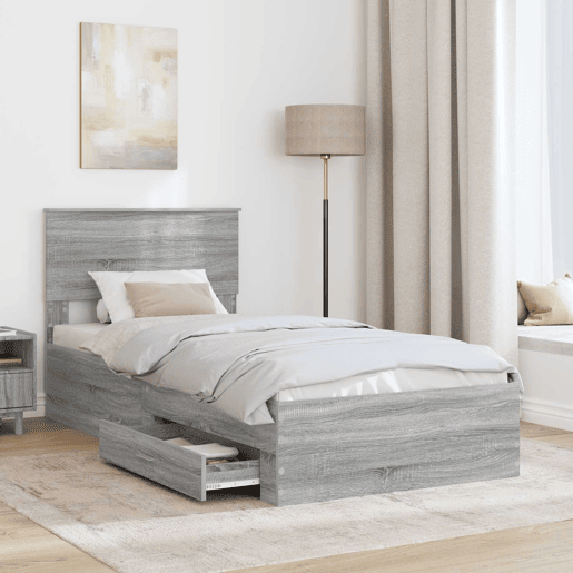 Estrutura de cama de solteiro para adultos com gaveta Cinza Sonoma e Prata 75 x 190 cm