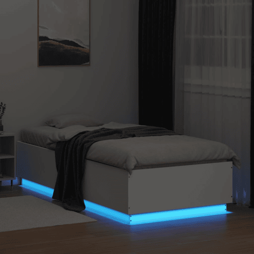 Estrutura de cama de solteiro para adultos c luzes LED 100x200 cm derivados madeira branco