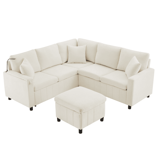 Sofá de canto para 4 pessoas 205x205 cm - Chenille, cama, pufe, candeeiro, USBType-C, mesa oculta - Bege
