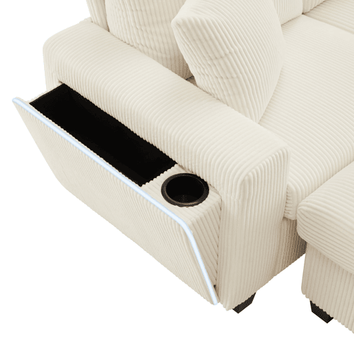 Sofá em U 334x128,5x81 cm - 4 lugares, USBType-C, LED, 2 pufes - Bege