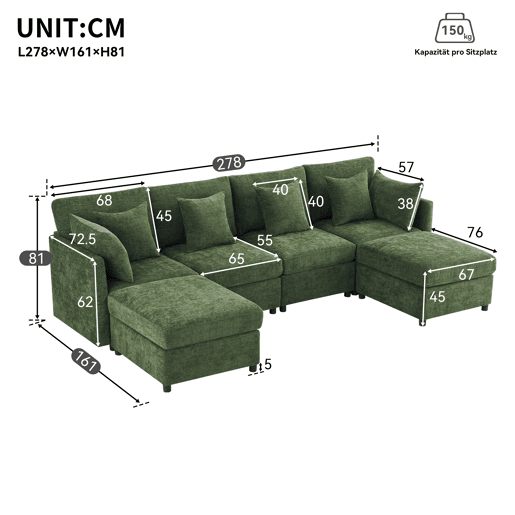 Sofá modular 6 lugares fixa de tecido,verde