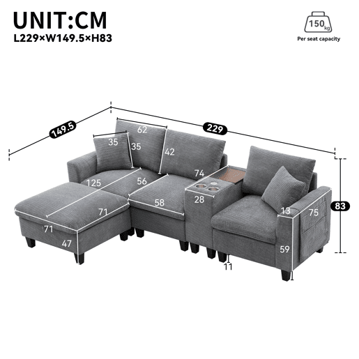Sofá modular 4 lugares fixa de tecido,cinza Sofá modular 4 lugares fixa de tecido,cinza