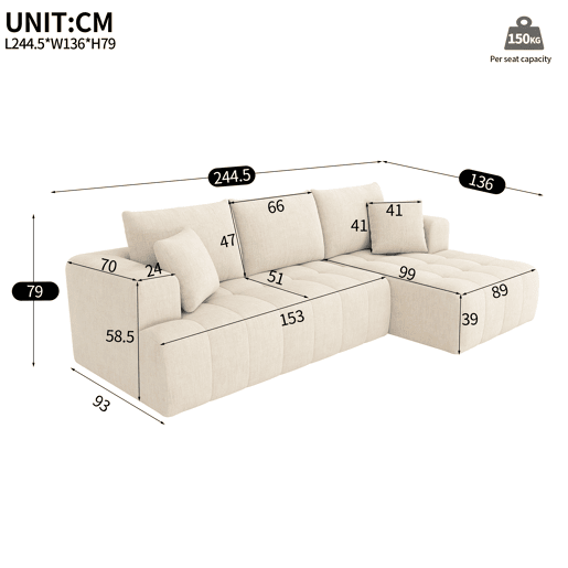 Sofá modular 3 lugares fixa de tecido,bege