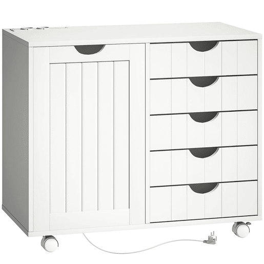 HOMCOM Móvel para Impressora com Estação de Carregamento e Rodas, Suporte para Impressora, Gaveteira para Escritório com 5 Gavetas, Portas USB, Prateleira Ajustável para Arquivador, Escritório em Casa, Branco