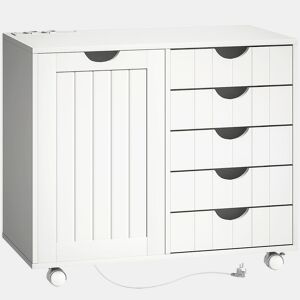 HOMCOM Móvel para Impressora com Estação de Carregamento e Rodas, Suporte para Impressora, Gaveteira para Escritório com 5 Gavetas, Portas USB, Prateleira Ajustável para Arquivador, Escritório em Casa, Branco