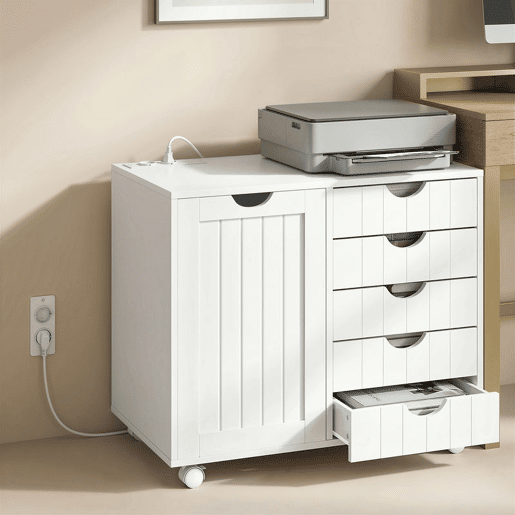 HOMCOM Móvel para Impressora com Estação de Carregamento e Rodas, Suporte para Impressora, Gaveteira para Escritório com 5 Gavetas, Portas USB, Prateleira Ajustável para Arquivador, Escritório em Casa, Branco