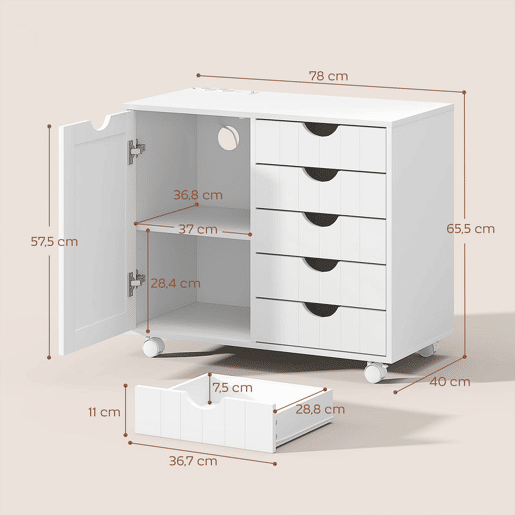 HOMCOM Móvel para Impressora com Estação de Carregamento e Rodas, Suporte para Impressora, Gaveteira para Escritório com 5 Gavetas, Portas USB, Prateleira Ajustável para Arquivador, Escritório em Casa, Branco