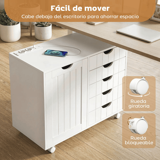 HOMCOM Móvel para Impressora com Estação de Carregamento e Rodas, Suporte para Impressora, Gaveteira para Escritório com 5 Gavetas, Portas USB, Prateleira Ajustável para Arquivador, Escritório em Casa, Branco