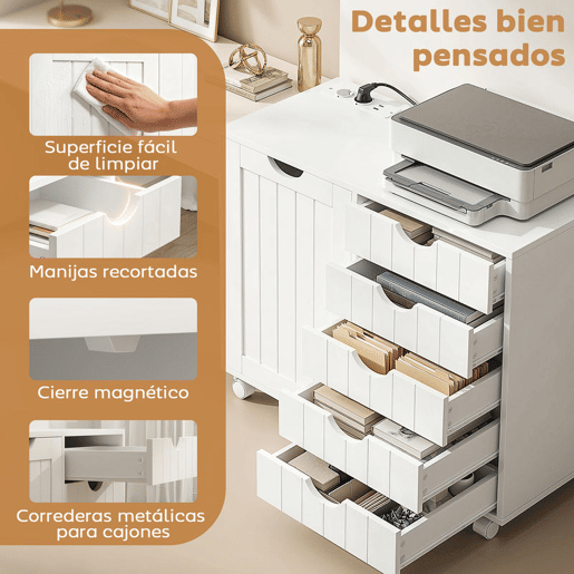HOMCOM Móvel para Impressora com Estação de Carregamento e Rodas, Suporte para Impressora, Gaveteira para Escritório com 5 Gavetas, Portas USB, Prateleira Ajustável para Arquivador, Escritório em Casa, Branco