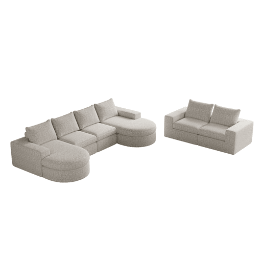 Sofá modular de 6 lugares - Chenille curvado com chaise longue, espuma comprimida - Bege