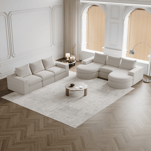 Sofá modular de 6 lugares - Chenille curvado com chaise longue, espuma comprimida - Bege
