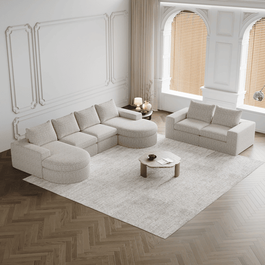 Sofá modular de 6 lugares - Chenille curvado com chaise longue, espuma comprimida - Bege
