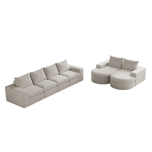 Sofá modular de 6 lugares - Chenille curvado com chaise longue, espuma comprimida - Bege