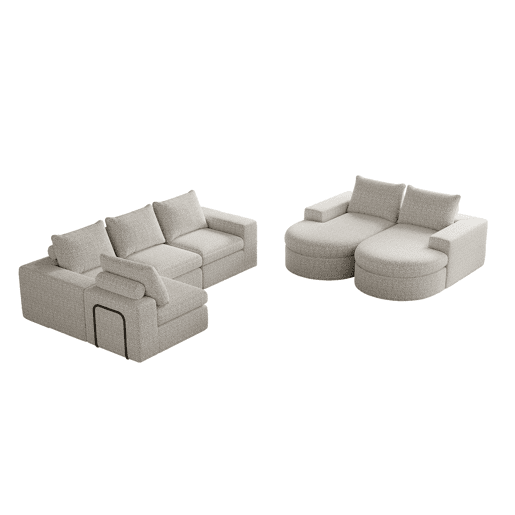 Sofá modular de 6 lugares - Chenille curvado com chaise longue, espuma comprimida - Bege