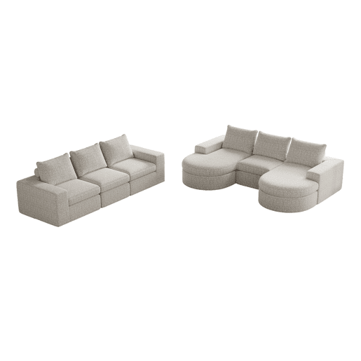 Sofá modular de 6 lugares - Chenille curvado com chaise longue, espuma comprimida - Bege