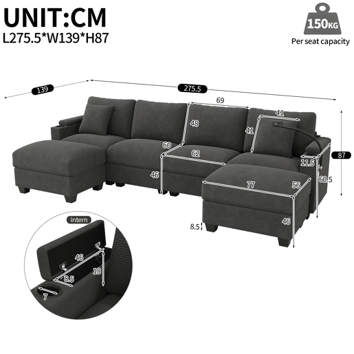Sofá modular 6 lugares fixa de tecido,cinza