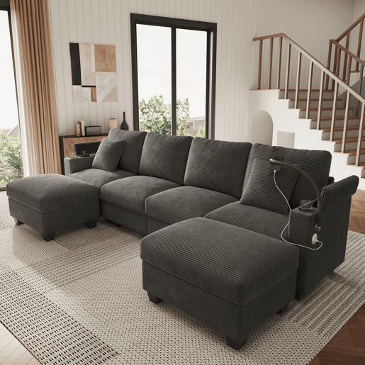 Sofá modular 6 lugares fixa de tecido,cinza