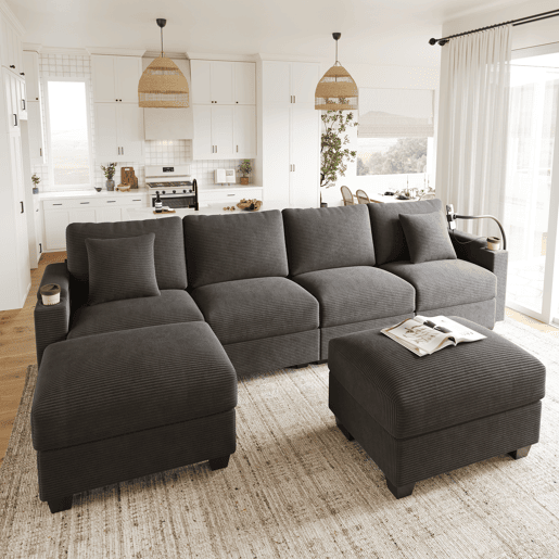 Sofá modular 6 lugares fixa de tecido,cinza