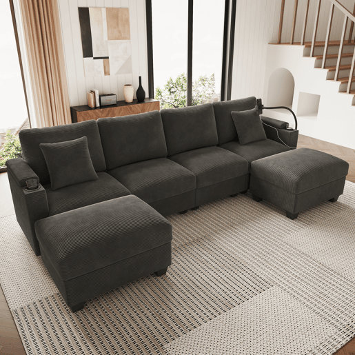 Sofá modular 6 lugares fixa de tecido,cinza