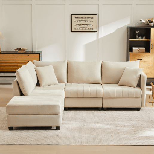 Sofá modular 5 lugares fixa de algodão e linho,bege