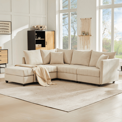 Sofá modular 5 lugares fixa de algodão e linho,bege