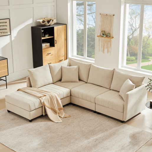 Sofá modular 5 lugares fixa de algodão e linho,bege