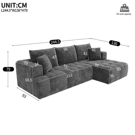 Sofá modular 3 lugares fixa de tecido,cinza