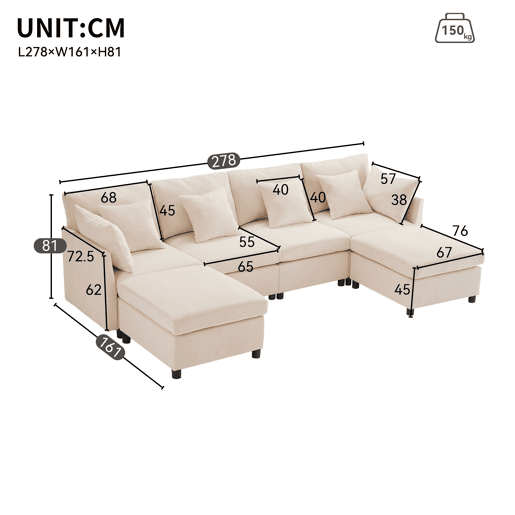 Sofá modular 6 lugares fixa de tecido,bege