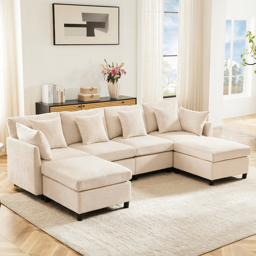 Sofá modular 6 lugares fixa de tecido,bege