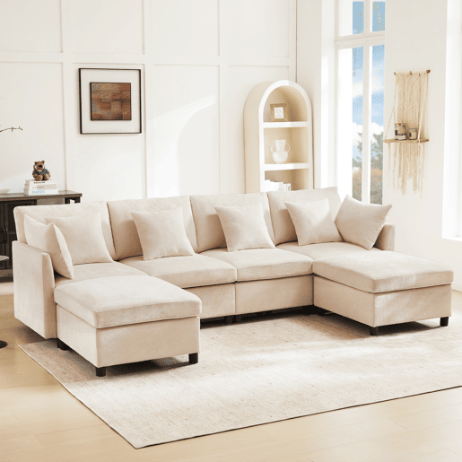 Sofá modular 6 lugares fixa de tecido,bege