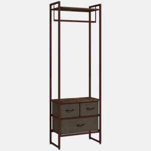 HOMCOM Suporte para Cabides com 3 Gavetas de Tecido Barra para Pendurar e Prateleira de Armazenamento para Entrada Quarto Sala 58,5x30x178 cm Castanho Rústico