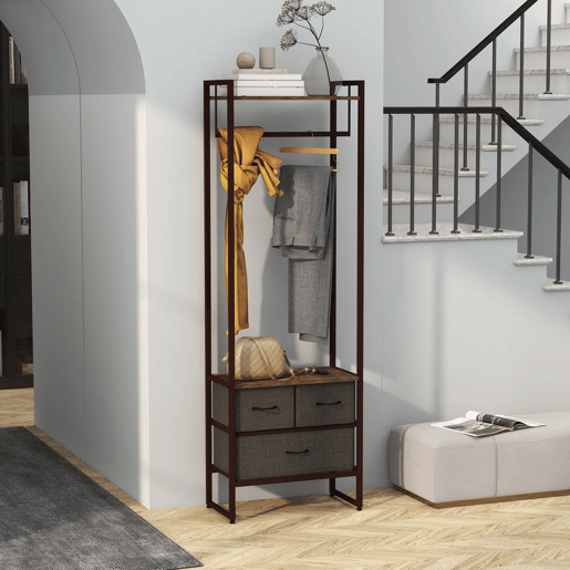 HOMCOM Suporte para Cabides com 3 Gavetas de Tecido Barra para Pendurar e Prateleira de Armazenamento para Entrada Quarto Sala 58,5x30x178 cm Castanho Rústico