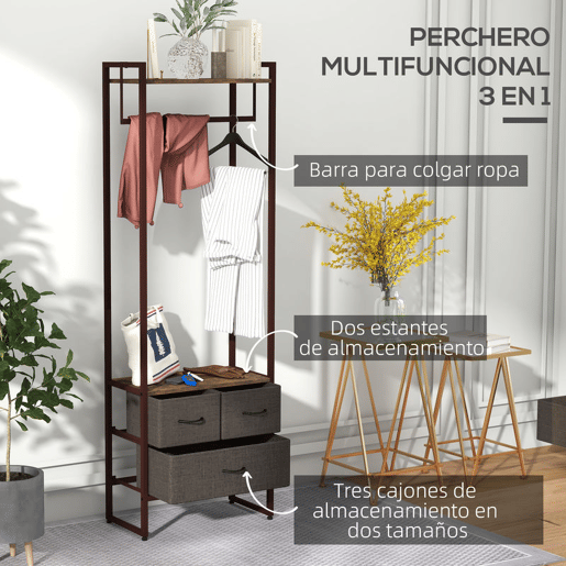 HOMCOM Suporte para Cabides com 3 Gavetas de Tecido Barra para Pendurar e Prateleira de Armazenamento para Entrada Quarto Sala 58,5x30x178 cm Castanho Rústico