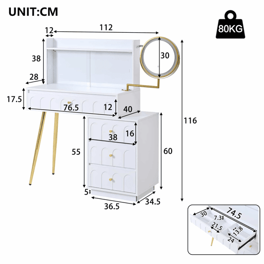 Penteadeira 112x40x116 cm - com espelho LED giratório e 4 gavetas amplas - Branco
