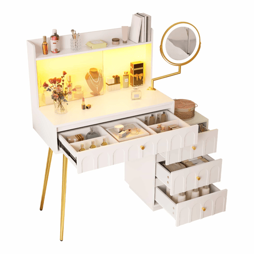 Penteadeira 112x40x116 cm - com espelho LED giratório e 4 gavetas amplas - Branco