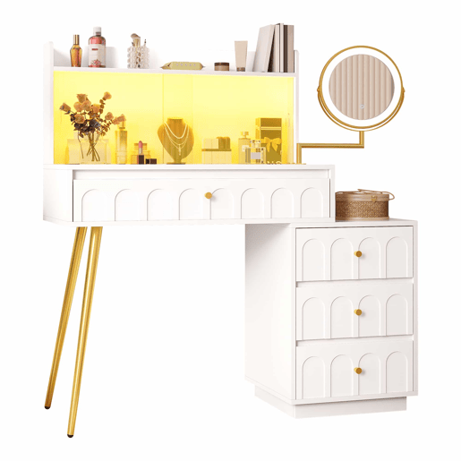 Penteadeira 112x40x116 cm - com espelho LED giratório e 4 gavetas amplas - Branco