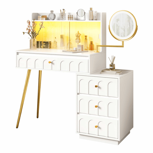 Penteadeira 112x40x116 cm - com espelho LED giratório e 4 gavetas amplas - Branco