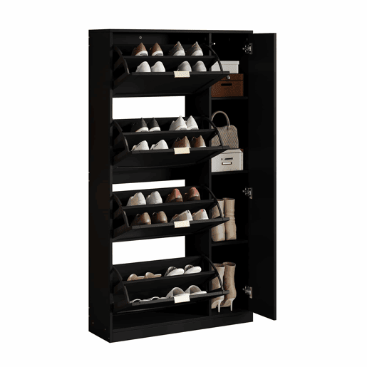 Sapateira 80x147x24 cm - 4 compartimentos rebatíveis, prateleira ajustável, com espelho - Preto