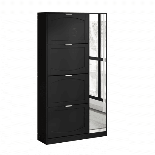 Sapateira 80x147x24 cm - 4 compartimentos rebatíveis, prateleira ajustável, com espelho - Preto