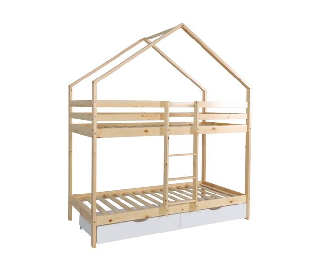 Litera infantil cabaña pino natural somier de láminas y cajones, 190cm blanco - 223x199x96 cm