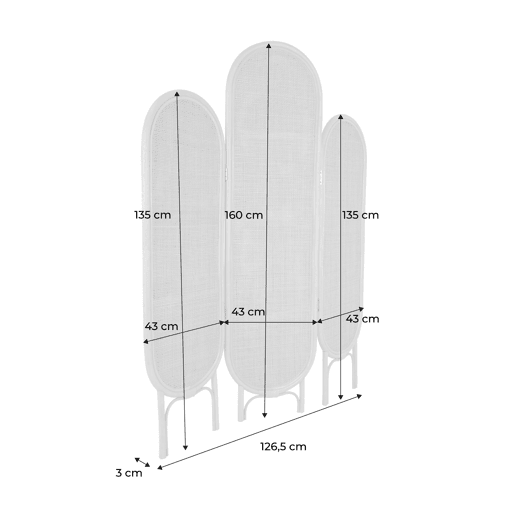 Biombo dobrável interno em ratan e cana, Kaolin, Natural, 126.5x3x160 cm