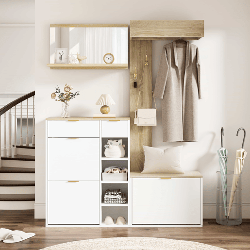 Conjunto de hall de entrada 130x30x174 cm - 4 peças com sapateira, banco, espelho e painel de parede - Natural+Branco