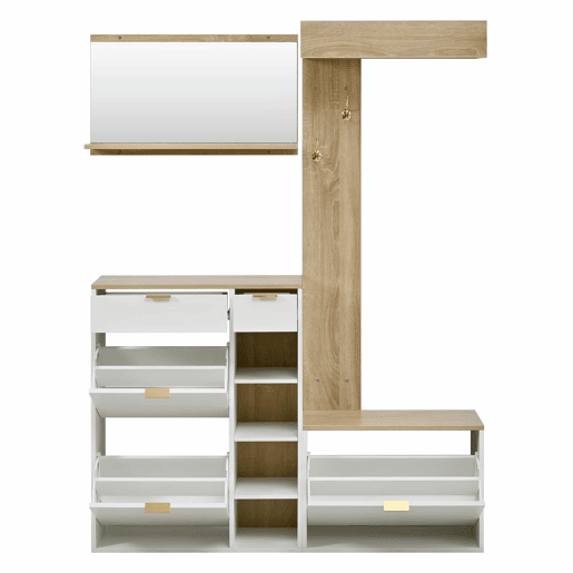 Conjunto de hall de entrada 130x30x174 cm - 4 peças com sapateira, banco, espelho e painel de parede - Natural+Branco