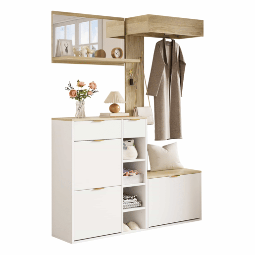 Conjunto de hall de entrada 130x30x174 cm - 4 peças com sapateira, banco, espelho e painel de parede - Natural+Branco