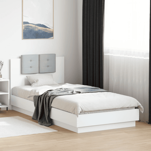 Estrutura de cama de solteiro para adultos com cabeceira e luzes LED 90x200 cm branco