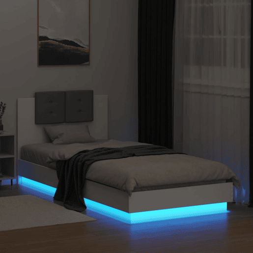 Estrutura de cama de solteiro para adultos com cabeceira e luzes LED 90x200 cm branco