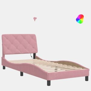 Estrutura de cama de solteiro para adultos com LED 90x190 cm veludo rosa