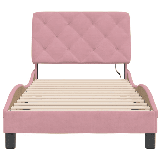 Estrutura de cama de solteiro para adultos com LED 90x190 cm veludo rosa