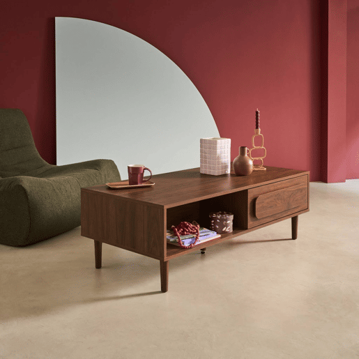 Mesa de centro vintage efeito madeira 1 gaveta, Juliana, Madeira de nogueira, 120x55x38 cm